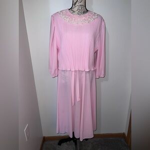 Ms Classic 70s Vintage Pink Pleated Midi Dress Embroidered Lace Collar Large